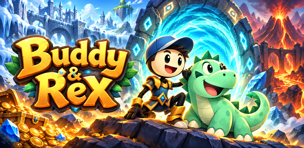 Illustrated key art of Buddy and Rex beside a glowing portal